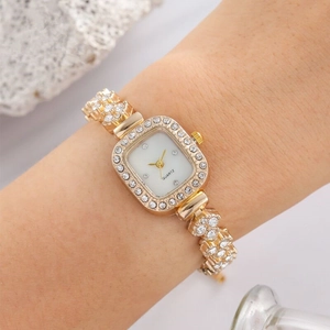 Elegant gold square quartz bracelet watch for women featuring sparkling crystal accents