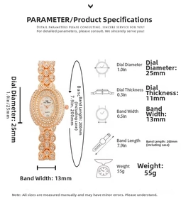 Detailed size specifications for the rose gold quartz watch with rhinestones and oval dial