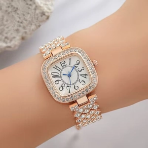 Montre carrée élégante pour femme en or rose avec strass et aiguilles bleues