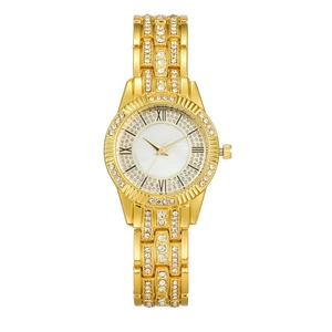 Elegant Women Quartz Watch Rhinestone Encrusted Alloy Strap Roman Numeral Dial Luxury Fashion Analog Wristwatch