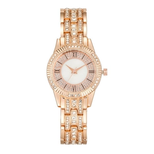 Rose gold women's quartz watch with full rhinestone band and Roman numeral dial