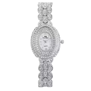 Silver quartz watch for women with oval rhinestone dial and stainless steel band