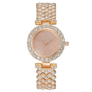 Elegant rose gold women's watch featuring a full rhinestone-studded dial and metal link band