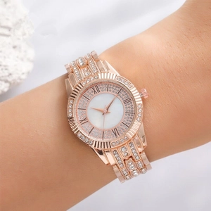 Elegant rose gold steel watch with rhinestone bezel and roman numeral dial for women
