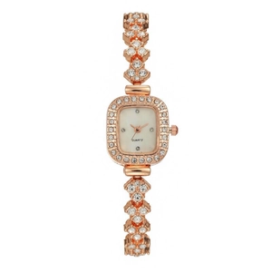 Elegant rose gold square watch for women featuring sparkling crystal-set bezel and band