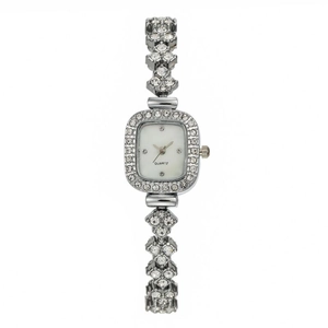 Elegant silver square quartz watch for women with rhinestone floral bracelet band