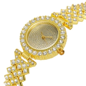 Luxury gold women's watch with full crystal pavé dial and shimmering rhinestone band