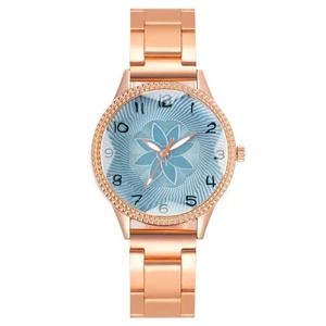 Damen-Armbanduhr in Roségold mit blauem Blumenzifferblatt, Strass-Lünette und Metallband