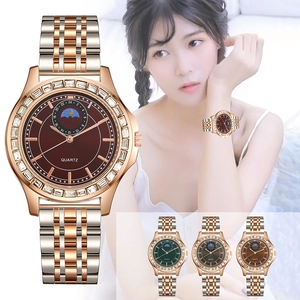 Elegant quartz women's watch with rhinestone bezel and stainless steel link band