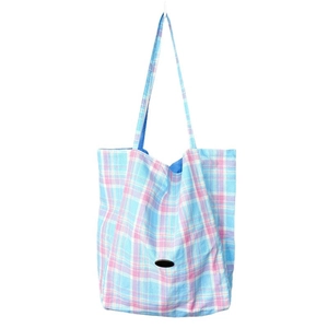 Pink and sky blue checkered large capacity tote bag with minimalist shoulder strap design
