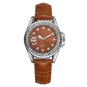 Montre quartz élégante pour femme avec bracelet en cuir marron et lunette en strass