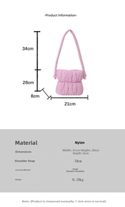 Pink puffer cloud bag size chart detailing nylon material and 21x28x8cm dimensions