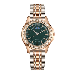 Women Quartz Watch Fashion Rhinestone Bezel Alloy Stainless Steel Strap Moon Phase Day Night Display Analog Business