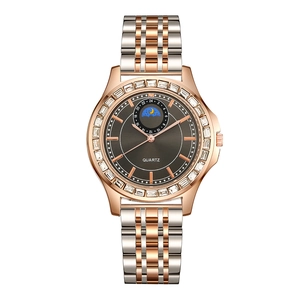 Elegant two-tone steel quartz watch with crystal bezel and moon phase display