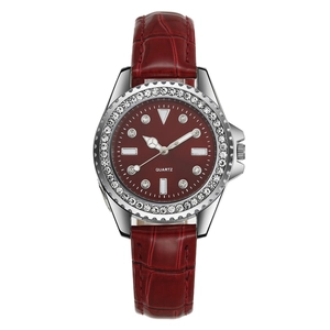 Elegant ladies quartz watch with dark red crocodile strap and sparkling diamond bezel decor