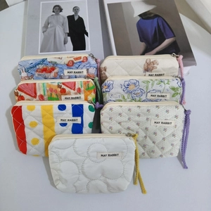 Mini Porte-Monnaie En Coton Matelassé Sac De Rangement Pour Rouge À Lèvres Fermeture Éclair Portable Imprimé Mignon Fleurs Animaux Pour Femmes