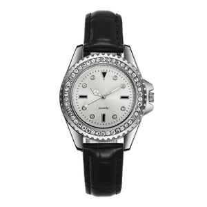 Elegant women's quartz watch with silver rhinestone bezel and black leather strap