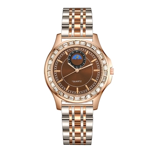 Men's business quartz watch with rose gold silver steel band and crystal bezel