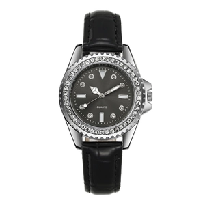 Elegant women's quartz watch with sparkling diamond bezel and black leather strap