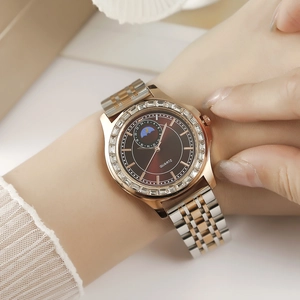 Luxury women's quartz watch with rose gold stainless steel strap and diamond bezel
