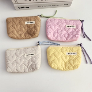 Mini Coin Purse Quilted Heart Pattern Polyester Canvas Lining Zipper Portable Cosmetic Bag Lipstick Storage Soft Pouch