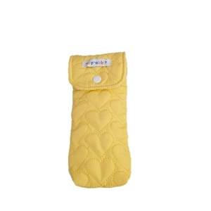 Yellow quilted glasses pouch with heart pattern and white snap button closure