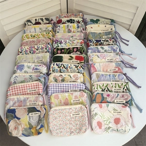 Cotton Floral Printed Coin Purse Mini Makeup Bag Canvas Lining Portable Storage Pouch Braided Rope Handle Fresh Style