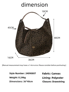 Detailed size chart for the leopard print canvas tote bag showing dimensions and weight