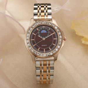 Women's quartz watch in rose gold and silver with crystal bezel and sun-moon dial
