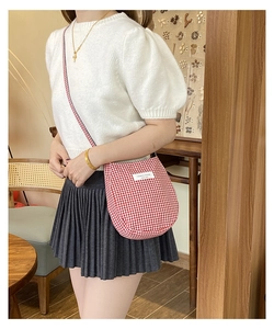 Close-up of red and white checkered crossbody bag worn by a model in a home setting