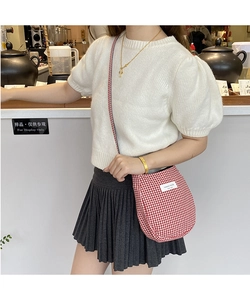 Detail of a red and white checkered canvas crossbody bag worn by a female model
