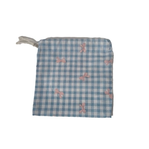 Blue and white gingham cotton drawstring storage bag with pink bow patterns