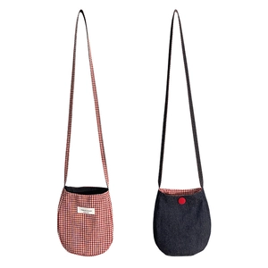 Mini dual-sided crossbody bag with red gingham and dark blue denim fabric options