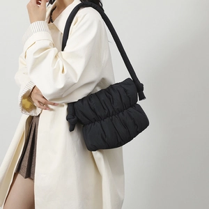 Fashionable black quilted puffer shoulder bag with ruched nylon fabric for women