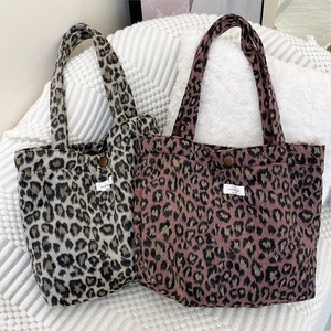 Sacs cabas rétro en peluche à imprimé léopard gris et bordeaux pour l'automne-hiver