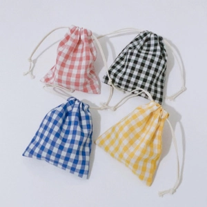 Cotton Gingham Drawstring Pouch Bag Mini Checkered Storage Pouch For Makeup Jewelry Travel Organizer Small