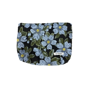 Floral jacquard canvas cosmetic bag with embossed blue flowers and logo tag