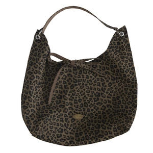 Trendy leopard print canvas shoulder bag with front bow detail and handmade metal plate