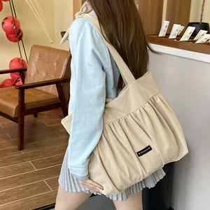 Beige large pleated cotton linen tote bag with Romance embroidery for casual daily use