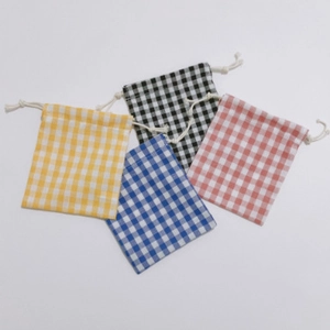 Minimalist checkered drawstring storage bags in yellow, blue, black and pink colors