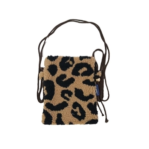 Mini leopard print plush crossbody bag with woven rope strap and a small golden bell