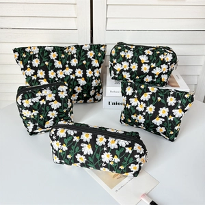 Floral Daisy Embroidery Cosmetic Bag Portable Canvas Travel Storage Pouch Zipper Makeup Organizer Clutch For Women