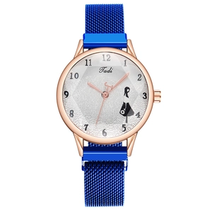 Women's stylish blue mesh strap watch with magnetic buckle and fashion figure dial