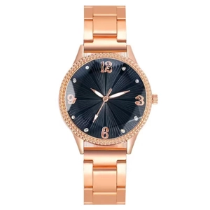 Women's quartz watch with rose gold strap and sunray black dial featuring rhinestones