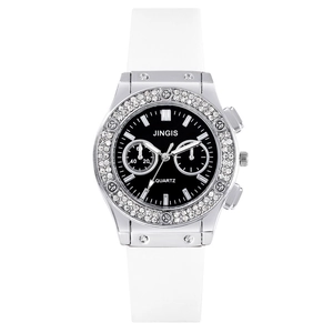 Montre à quartz pour hommes avec bracelet en silicone blanc et lunette en strass