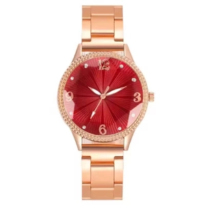 Rose gold ladies quartz watch with red sunburst dial and rhinestone bezel decoration