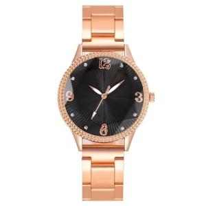 Fashion Women Quartz Watch Alloy Strap Rhinestone Bezel Sunburst Dial Digital Markers Casual Wristwatch