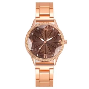 Women's quartz watch with rose gold metal band and sunburst brown dial featuring crystals