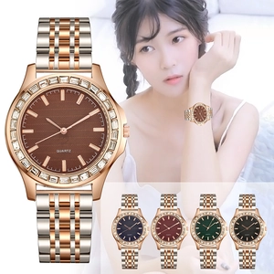 Luxury Women's Quartz Watch Rhinestone Bezel Bicolor Stainless Steel Strap Wave Texture Dial Casual Fashion Wristwatch