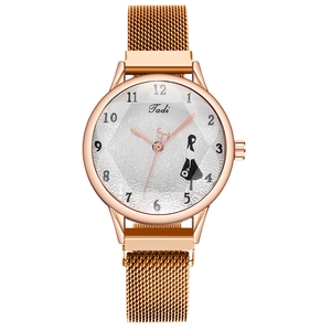 Rose gold Tadi ladies quartz watch with Milanese mesh strap and unique silhouette art